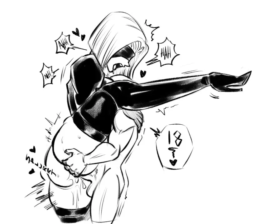 Image 1girls,female,1boy,male,ass,android_18,dragon_ball,krillin,kuririn,blindfold,crossover,nier:_automata,yorha_2b,frontal_standing_penetration,funsexydragonball
