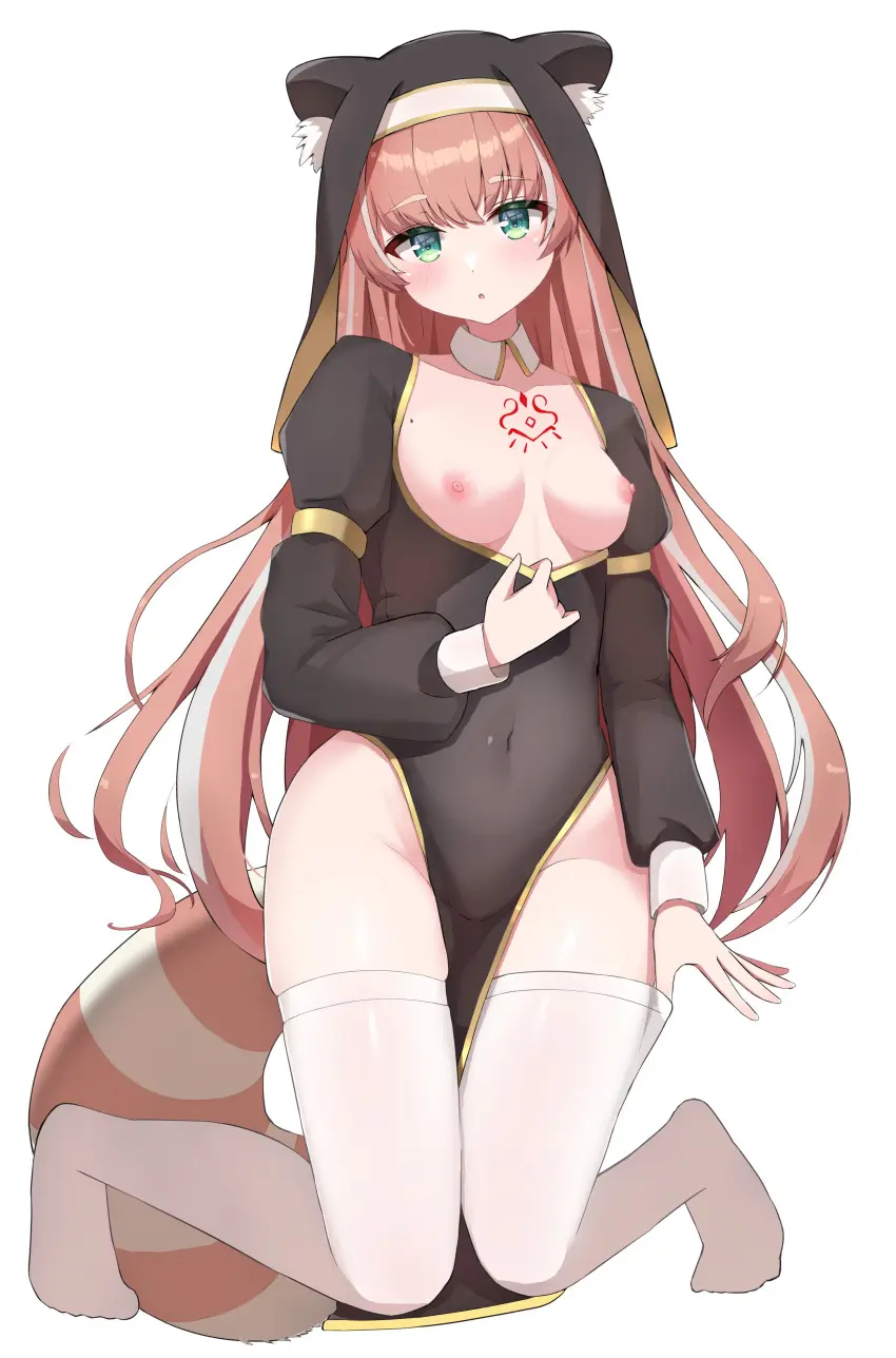 Image 1girls, breasts, breasts_out, female, open_mouth, thighhighs, red_hair, kneeling, virtual_youtuber, solo_female, vtuber, green_eyes, medium_breasts, mole_on_breast, red_panda, streaked_hair, indie_virtual_youtuber, hand_on_thigh, nun_outfit, white_thighhighs, red_panda_ears, red_panda_tail, angel_sword_studios, uro_kohara, yuria_of_ailurus