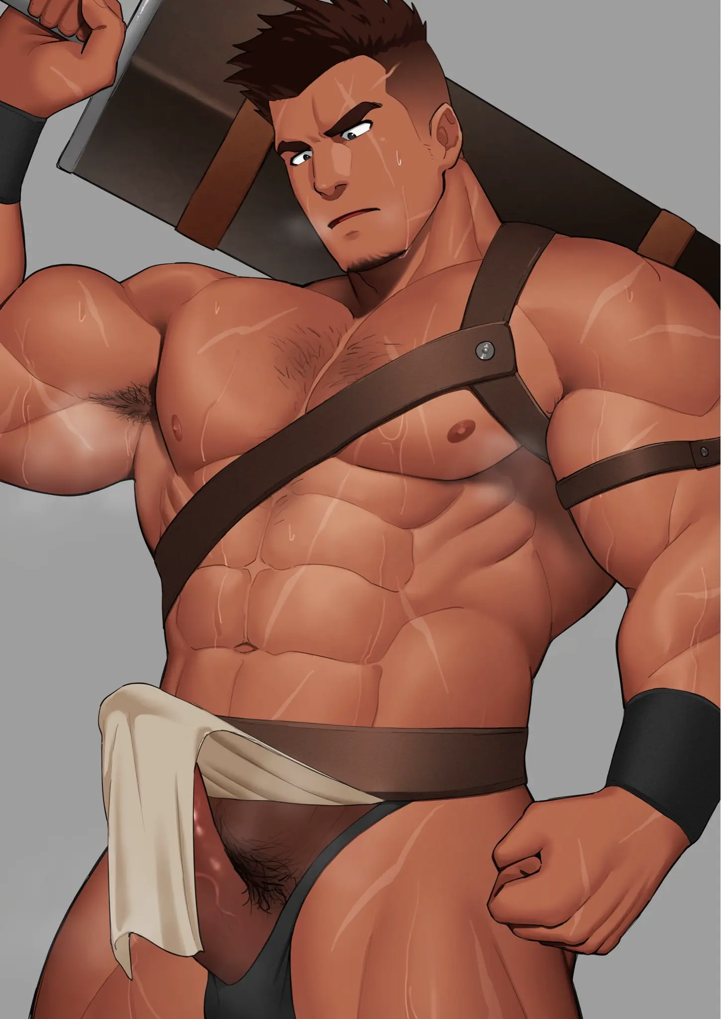 Image cowboy_shot,highres,nipples,solo,standing,1boy,male,penis,thick_thighs,thighs,erection,dark-skinned_male,dark_skin,muscular,muscular_male,armpits,yaoi,original,clenched_hand,pubic_hair,bara,bulge,erection_under_clothes,male_pubic_hair,thick_eyebrows,clothes_lift,holding,undercut,male_focus,solo_male,abs,scar,holding_weapon,weapon,pectorals,facial_hair,large_pectorals,sword,penis_peek,armpit_hair,musk,sparse_chest_hair,pelvic_curtain,harness,penis_out,chest_harness,holding_sword,tsurime,goatee,greatsword,kansuke_(kansuke_717),multiple_scars,pelvic_curtain_lift