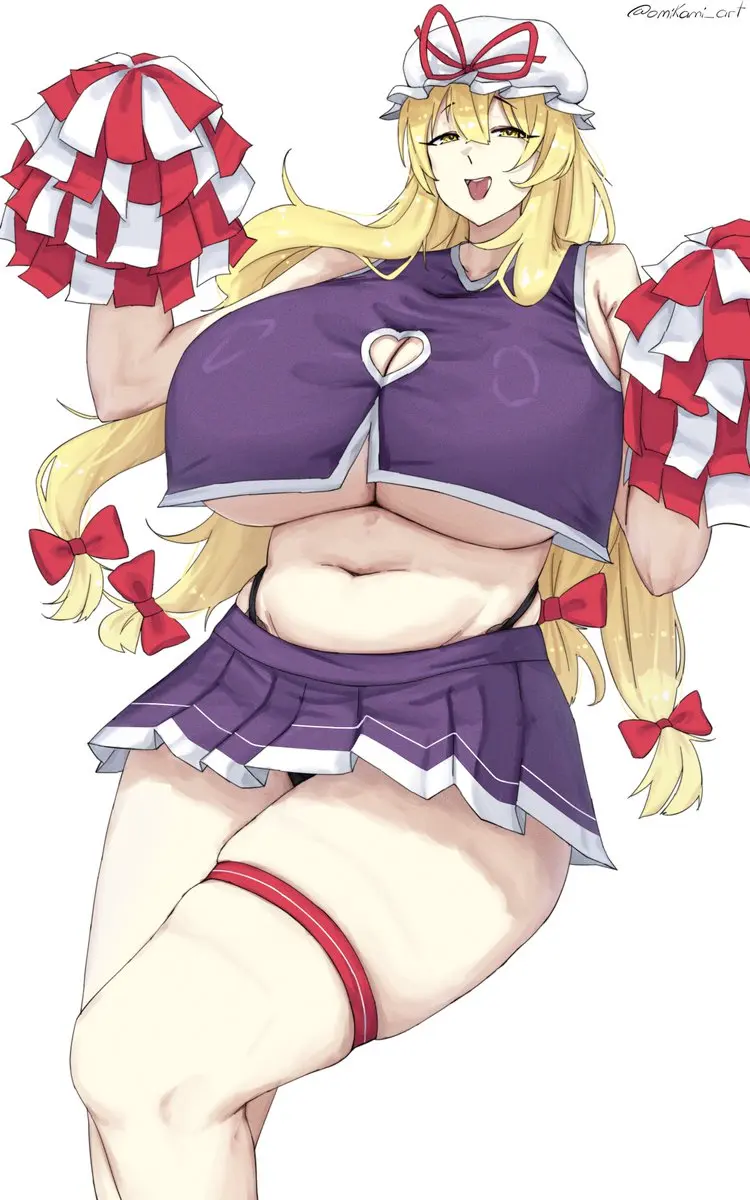 Image 1girls,big_breasts,breasts,female,light-skinned_female,long_hair,open_mouth,solo,touhou,white_background,yellow_eyes,hat,thick_thighs,thighs,watermark,artist_name,solo_female,underboob,huge_breasts,blonde_hair,thong,boob_window,cheerleader,cheerleader_uniform,fat_thighs,yukari_yakumo,omikami