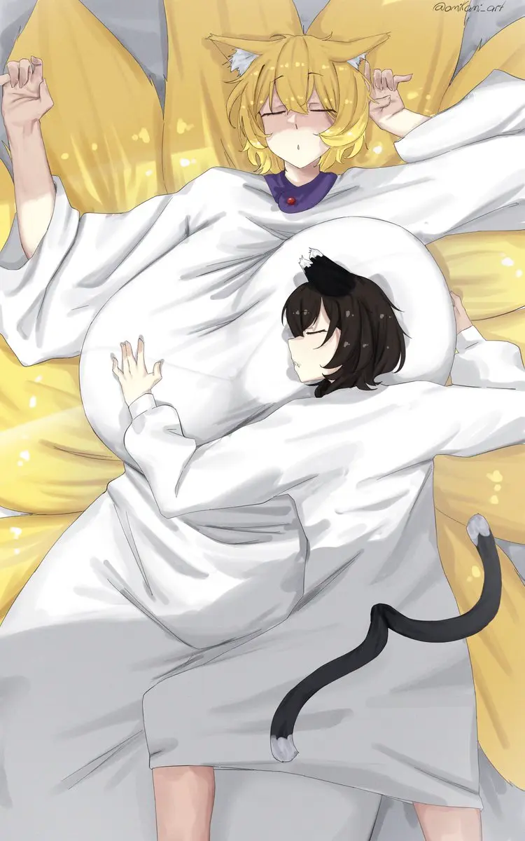 Image big_breasts,breasts,female,light-skinned_female,touhou,2girls,animal_ears,tail,yellow_eyes,cat_ears,catgirl,watermark,artist_name,clothed_female,gigantic_breasts,blonde_hair,cat_tail,fox_ears,fox_girl,fox_tail,sleeping,multi_tail,tails,kitsune,sleeping_on_person,chen,ran_yakumo,omikami