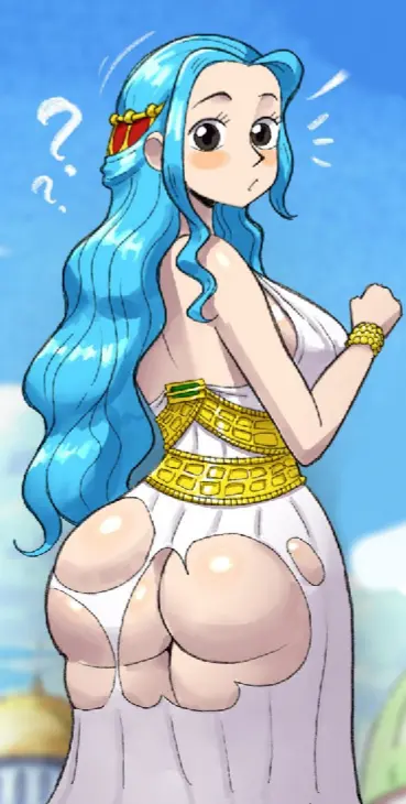 Image 1girls,blush,clothing,female,female_only,long_hair,looking_at_viewer,solo,blue_hair,ass,big_ass,looking_back,one_piece,fat_ass,dress,confusion,question_mark,nefertari_vivi,ripped_clothing,thehoeartist,confused_look
