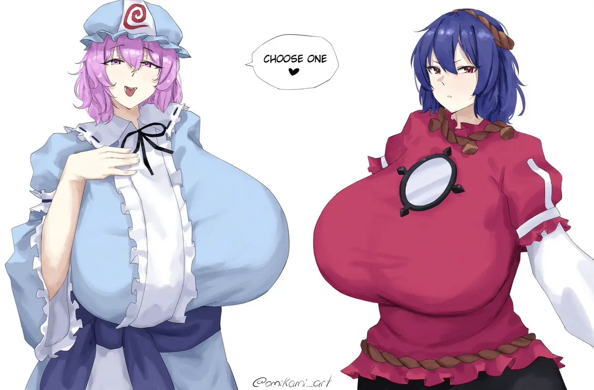 Image big_breasts,breasts,female,light-skinned_female,open_mouth,red_eyes,touhou,white_background,2girls,watermark,artist_name,clothed_female,huge_breasts,pink_hair,text,pink_eyes,goddess,mature_female,purple_hair,english_text,yuyuko_saigyouji,ghost_girl,kanako_yasaka,omikami