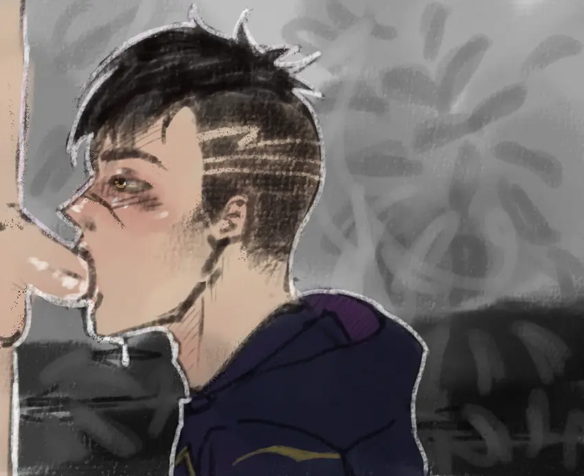Image blush,clothed,black_hair,cum,cum_on_face,male,2boys,digital_media_(artwork),fortnite,gay,gay_sex,fortnite:_battle_royale,scar,sucking,gay_blowjob,face_closeup,stray_(fortnite)
