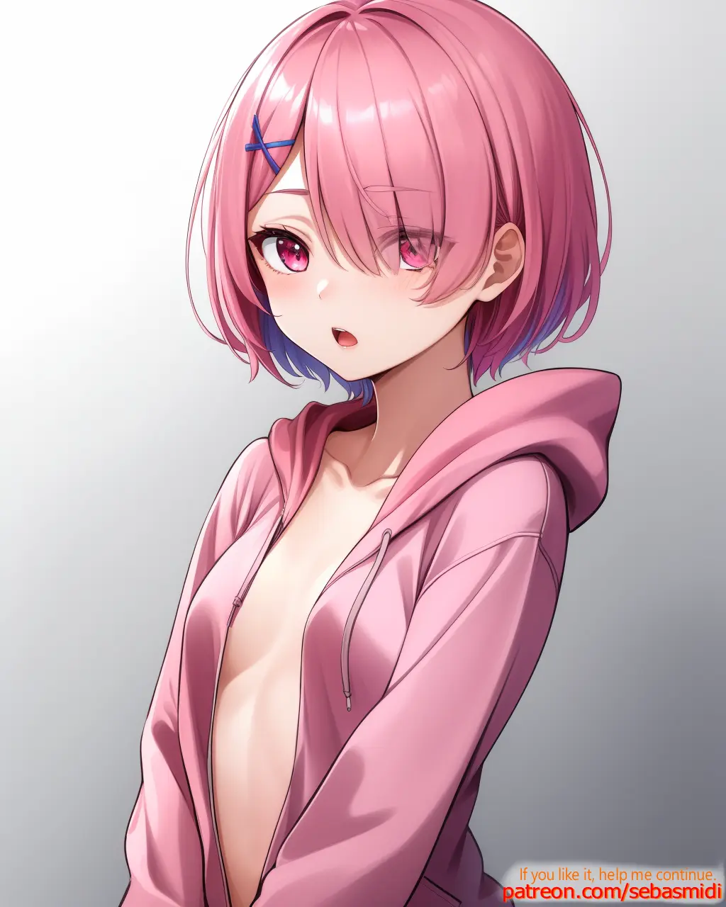 Image no_bra,simple_background,ai_generated,pink_hair,pink_eyes,re:zero_kara_hajimeru_isekai_seikatsu,upper_body,ram_(re:zero),sebasmidi