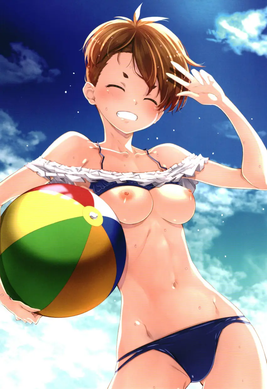 Image blush,breasts,breasts_out,female,highres,nipples,smile,solo,navel,short_hair,bikini,sky,collarbone,grin,medium_breasts,swimsuit,brown_hair,closed_eyes,outdoors,clothes_lift,from_below,blue_bikini,tomboy,ball,very_short_hair,non-web_source,beachball,bikini_top_lift,w,lycoris_recoil,izumi_mahiru,otome_sakura