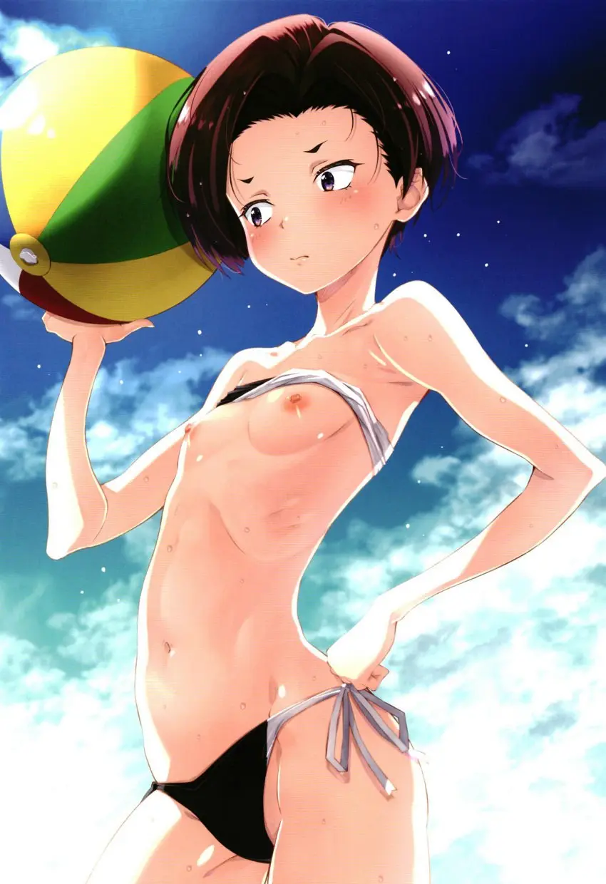 Image blush,breasts,female,highres,nipples,solo,navel,short_hair,bikini,small_breasts,sky,swimsuit,purple_eyes,brown_hair,hand_on_own_hip,closed_mouth,clothes_lift,tomboy,ball,non-web_source,side-tie_bikini_bottom,beachball,bikini_top_lift,averting_eyes,lycoris_recoil,izumi_mahiru,harukawa_fuki