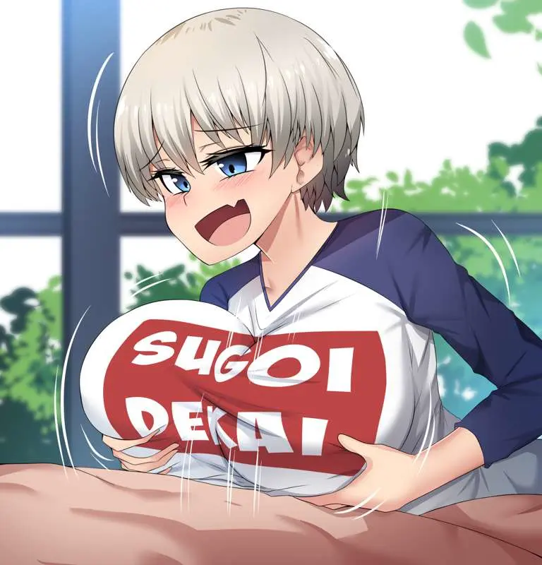 Image blush, breasts, female, grey_hair, open_mouth, smile, blue_eyes, ai_generated, paizuri, boobjob, uzaki-chan_wa_asobitai!, uzaki_hana