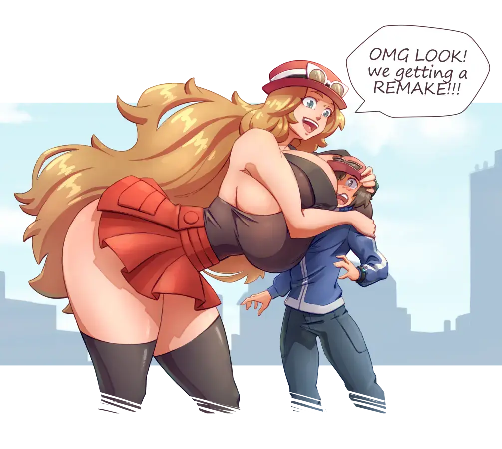 Image 1girls,breasts,female,female_only,long_hair,1boy,black_hair,male,pokemon,hat,thick_thighs,wide_hips,cleavage,color,size_difference,huge_breasts,text,blonde_hair,nintendo,bigger_female,thin_waist,english_text,text_bubble,nipple_bulge,height_difference,larger_female,taller_girl,giantess,english,hugging,mini_giantess,growth,pokemon_xy,upskirt,shorter_male,serena_(pokemon),calem_(pokemon),n647