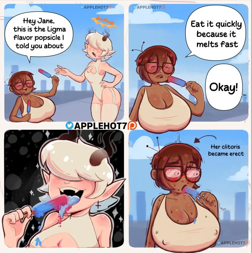 Image breasts,female,female_only,white_hair,2girls,multiple_girls,short_hair,thick_thighs,dark_skin,cleavage,covered_nipples,glasses,huge_breasts,original,brown_hair,aroused,dark-skinned_female,demon_girl,outdoors,comic,english_text,leotard,white_leotard,garter_straps,eating,sexually_suggestive,popsicle,holding_popsicle,applehot,mara_(applehot),jane_(applehot),ligma