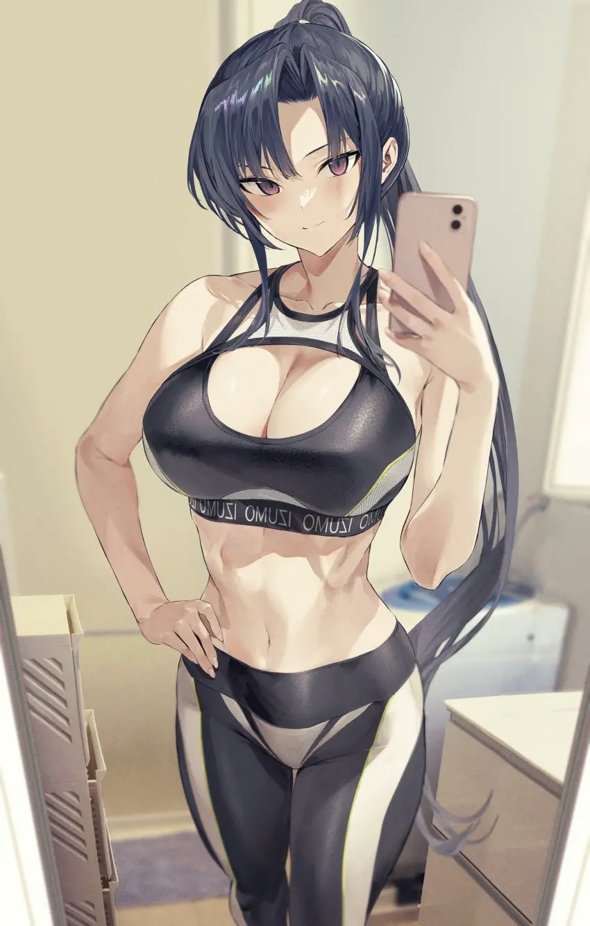 Image 1girls,big_breasts,breasts,female,large_breasts,red_eyes,black_hair,navel,colored,ponytail,athletic,collarbone,midriff,tagme,original,original_character,posing,skinny,athletic_female,phone,cellphone,gym_clothes,full_color,hiiragi_yuuichi,kendo_girl_(hiiragi_yuuichi)
