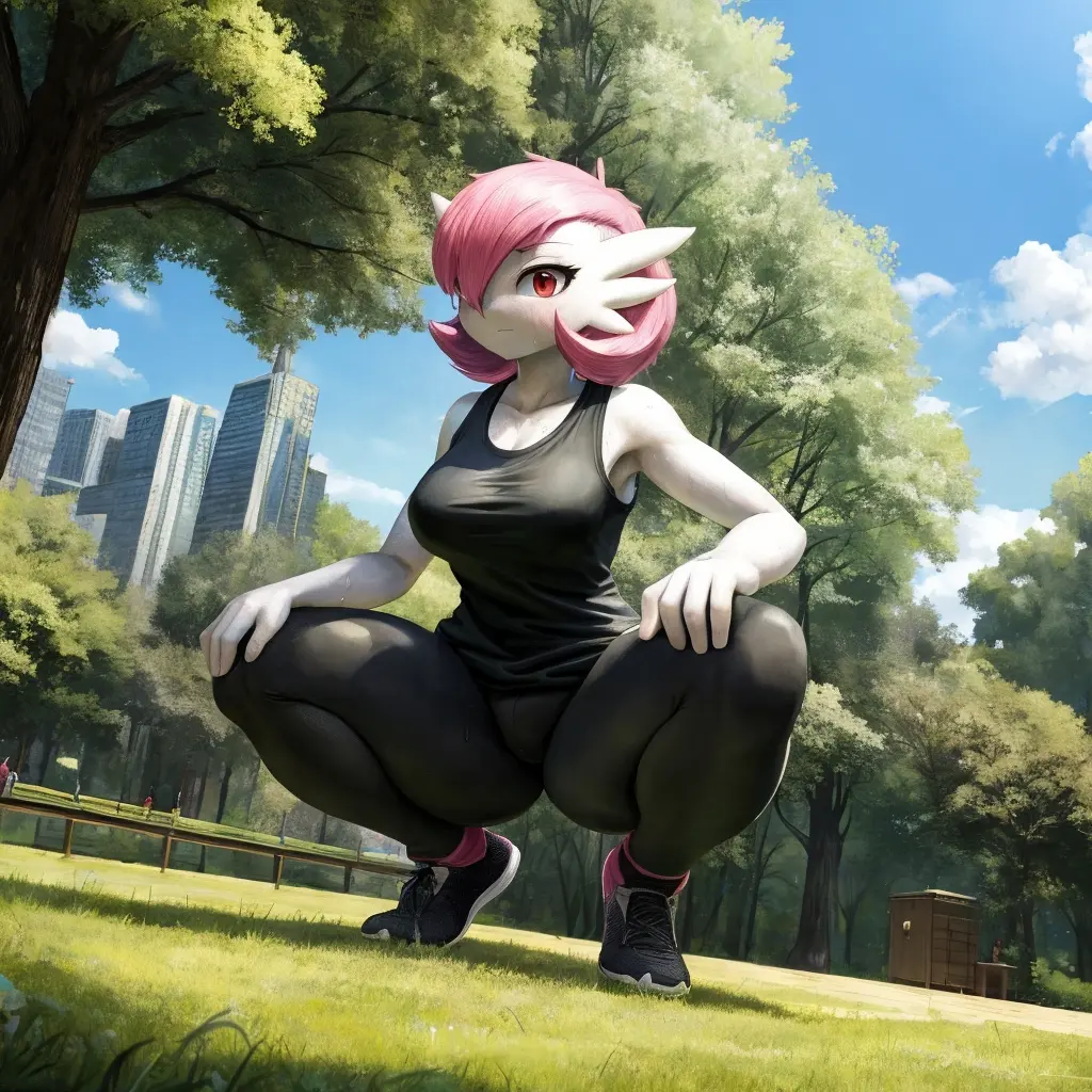 Image pokemon,pokemon_(species),sweat,ai_generated,pink_hair,pink_eyes,nintendo,squatting,leggings,gardevoir
