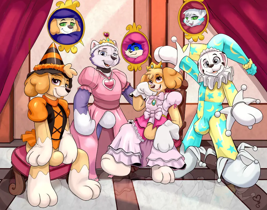 Image female,male,background,sissy,canid,canine,canis,domestic_dog,null_bulge,oc,princess,queen,commission,cosplay,suit,ocs,royal,jester,complex_background,null,plushsuit,paw_patrol,kastmi,skye_(paw_patrol),everest_(paw_patrol),multiple_characters
