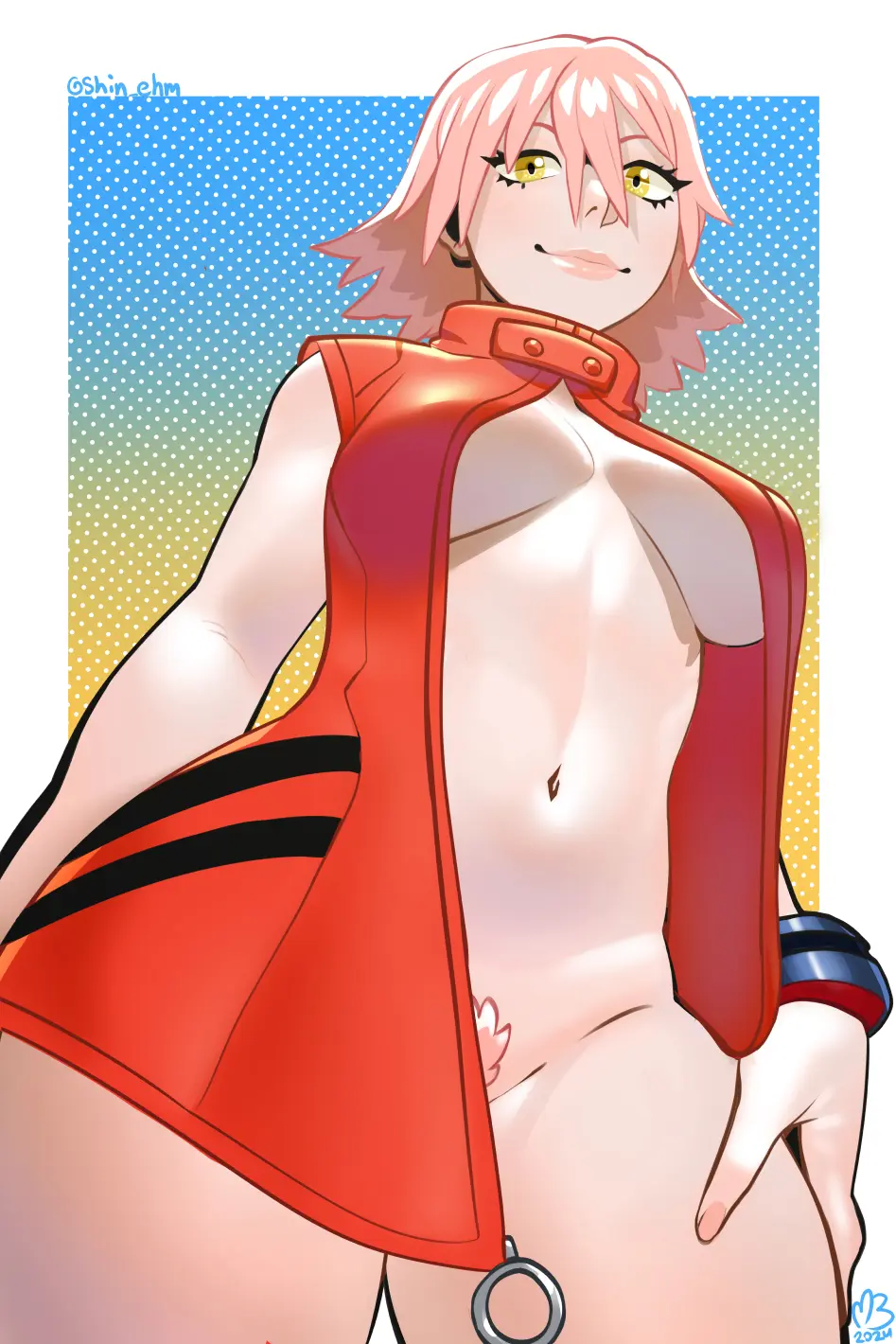 Image 1girls,breasts,female,looking_at_viewer,open_clothes,solo,white_background,short_hair,convenient_censoring,cleavage,pink_hair,medium_breasts,no_underwear,censored_nipples,below_view,eymbee,flcl,haruko_haruhara,shin_eym
