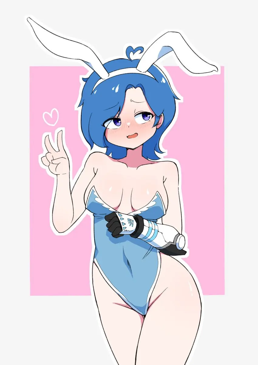 Image breasts,female,female_only,hi_res,simple_background,blue_eyes,blue_hair,embarrassed,medium_breasts,bunny_ears,bunnysuit,cyborg,peace_sign,bunny_costume,v_sign,prosthetic,prosthetic_arm,prosthetic_limb,glitch_productions,smg4,tari_(smg4),north_fighter,meta_runner