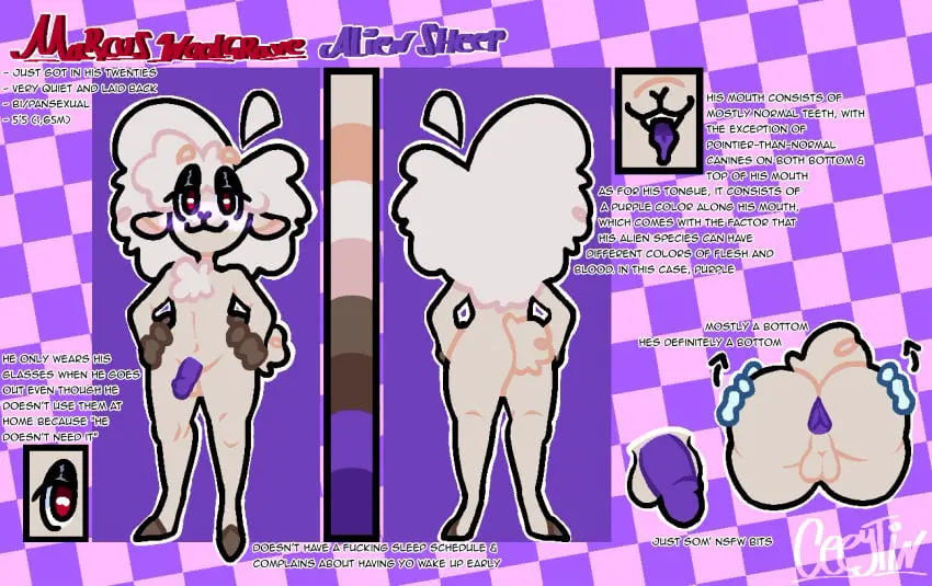 Image blush,hi_res,long_hair,looking_at_viewer,open_mouth,red_eyes,simple_background,solo,white_hair,male,penis,tail,tongue,ass,humanoid_penis,femboy,balls,hair,anthro,tan_body,text,anus,fur,genitals,mammal,english_text,2024,humanoid_genitalia,long_ears,bovid,tuft,profanity,hooves,tan_fur,purple_background,alien,caprine,sheep,chest_tuft,model_sheet,pupils,purple_anus,small_tail,tan_balls,horizontal_pupils,purple_penis,purple_tongue,purple_mouth,ceeytin,marcus_(ceeytin)