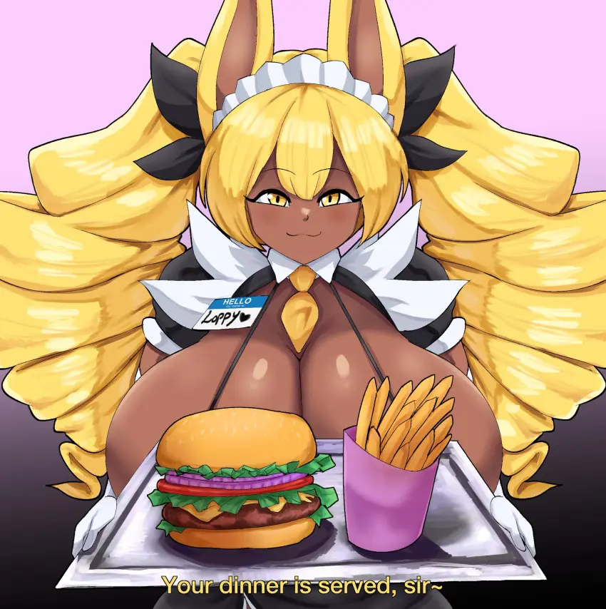 Image 1girls,breasts,female,female_only,large_breasts,looking_at_viewer,thick_thighs,voluptuous,dark_skin,wide_hips,cleavage,text,voluptuous_female,original,bunny_ears,bunny_girl,dark-skinned_female,maid,maid_outfit,maid_uniform,english_text,burger,serving_tray,loppy_(thecon),thecon,fries
