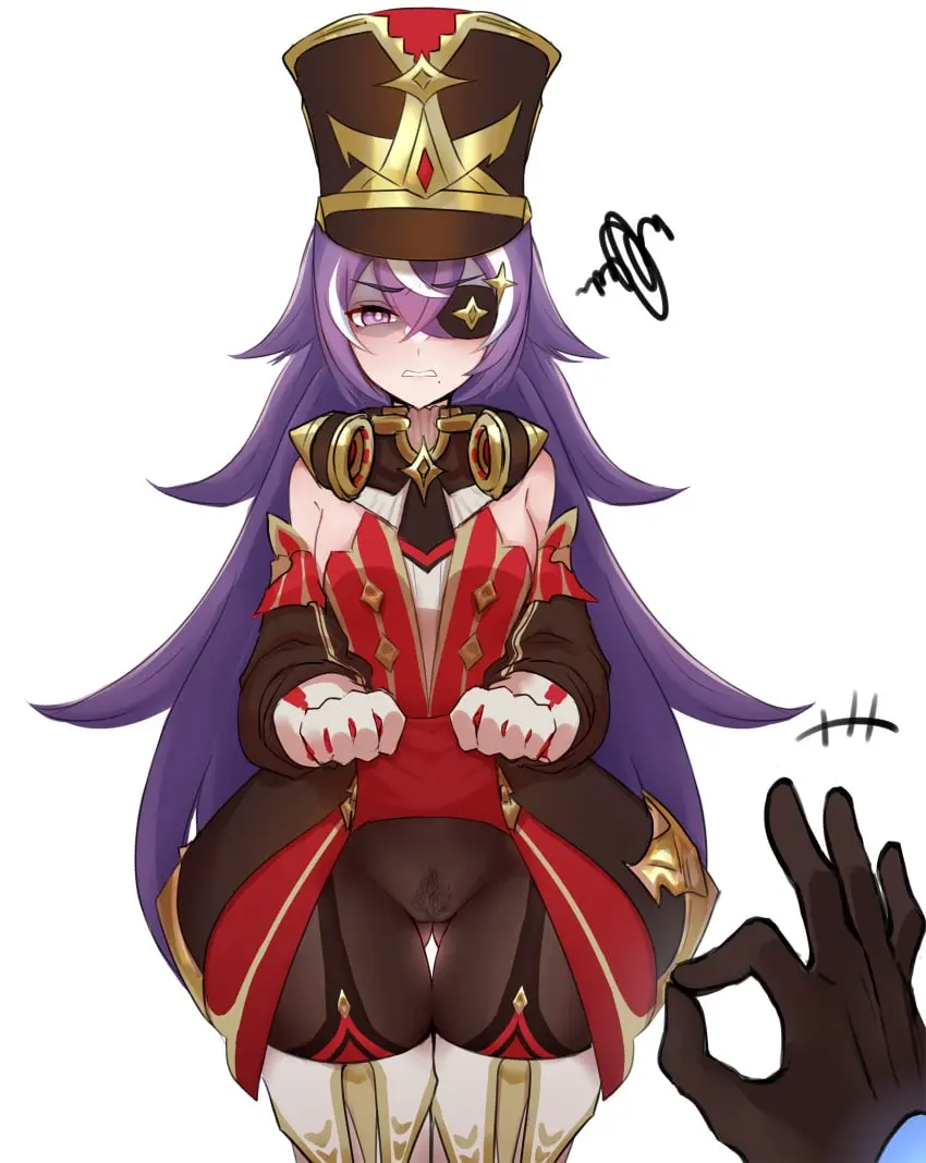 Image 1girls,breasts,female,hair_ornament,long_hair,looking_at_viewer,white_background,1boy,male,small_breasts,thick_thighs,headphones,color,fat_ass,stockings,genshin_impact,purple_hair,pubic_hair,aether_(genshin_impact),lifted_by_self,disgusted,male_pov,no_panties,white_gloves,uniform,armwear,top_hat,mihoyo,star_(symbol),eyepatch,white_boots,red_skirt,disgusted_look,drawing,ok_sign,long_boots,red_stripes,white_strand_of_hair,chevreuse_(genshin_impact),face_shadow,imaxc,lifted_dress,shoulderless_topwear