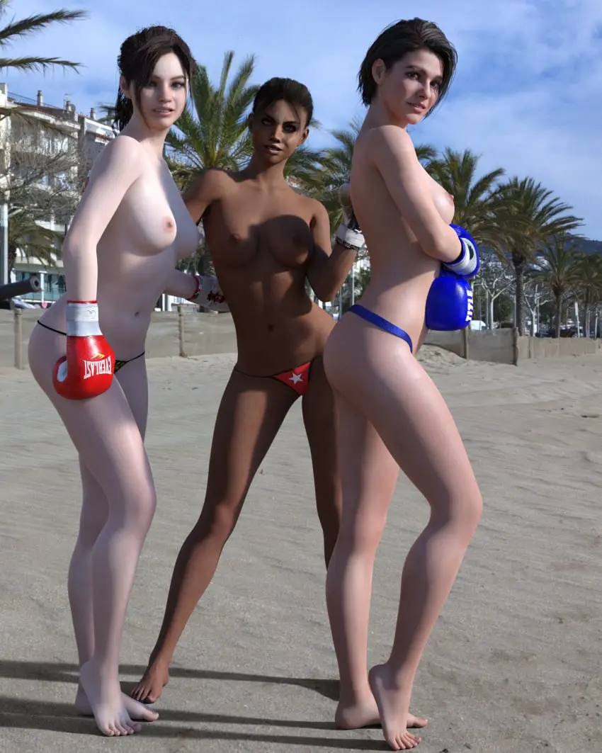 Image female,female_only,human,multiple_girls,panties,dark_skin,pale_skin,brown_hair,dark-skinned_female,3d,topless,3girls,topless_female,casual,claire_redfield,resident_evil,red_panties,jill_valentine,boxing_gloves,sheva_alomar,cb1964