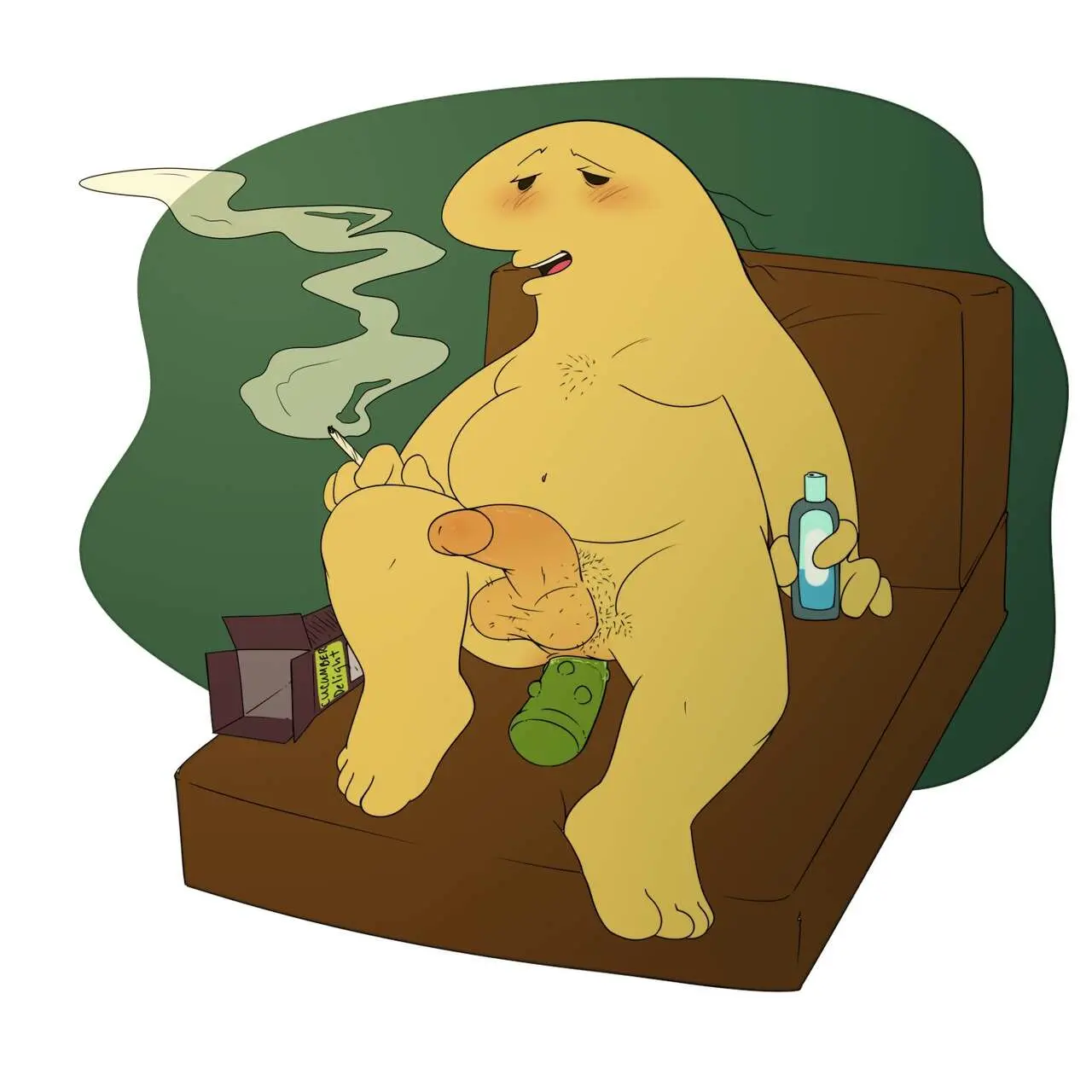 Image blush,solo,1boy,male,penis,humanoid_penis,smiling,male_only,naked,dildo,solo_male,non-human,toony,naked_male,dildo_in_ass,smoking,non-human_only,penis_focus,anal_masturbation,friends,smiling_friends,green_dildo,cucumber,charlie_(smiling_friends),cucumber_dildo,dick_focus,opedealer