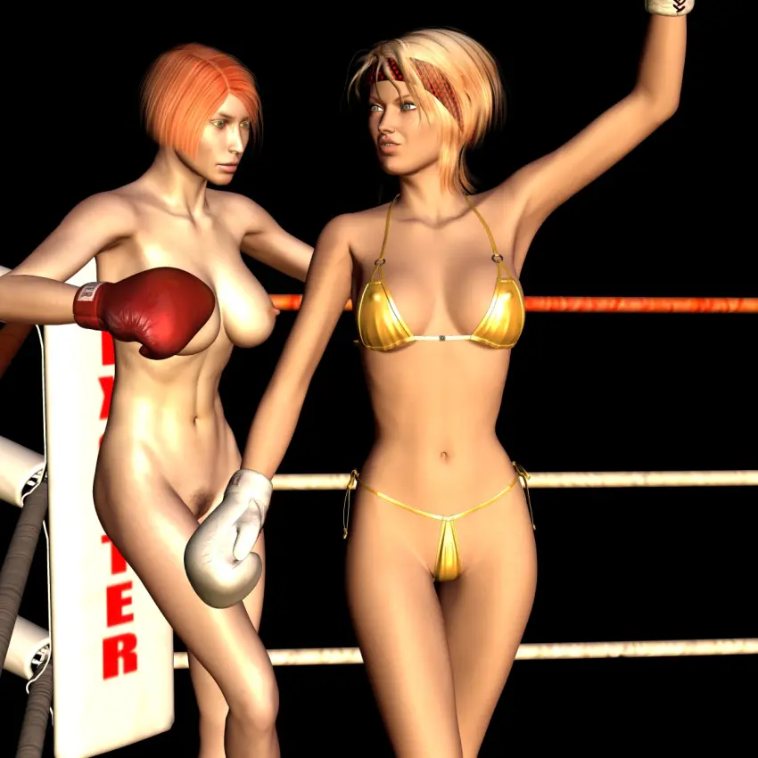 Image female,2girls,nude,red_hair,bikini,nude_female,blonde_hair,completely_nude,original,completely_nude_female,3d,clothed_female_nude_female,yellow_bikini,boxing_gloves,cb1964,gold_bikini