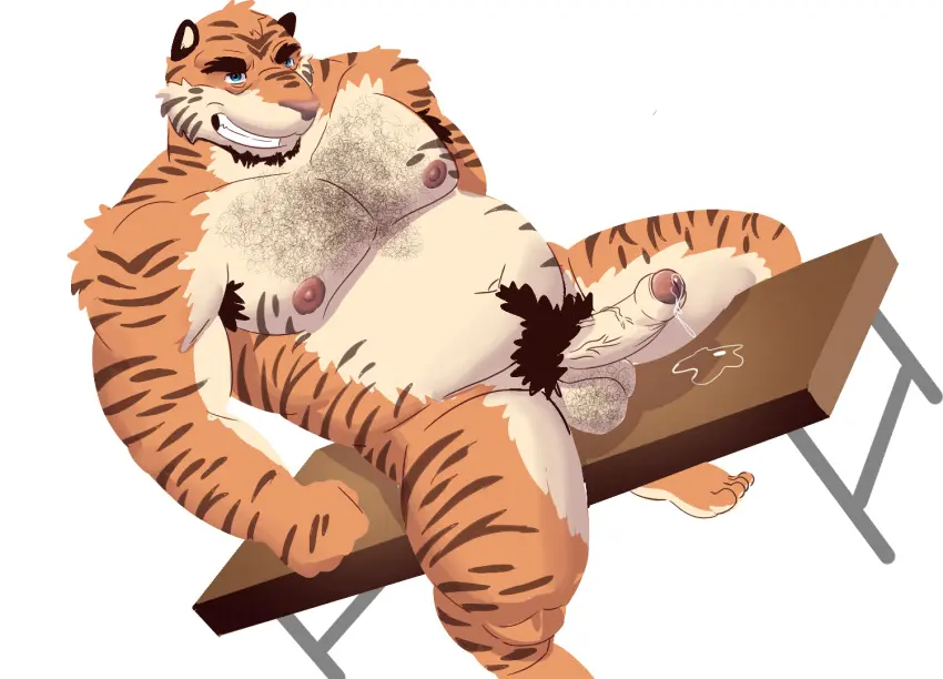 Image looking_at_viewer,simple_background,smile,solo,white_background,male,nude,penis,erection,muscular,feet,male_only,grin,grinning_at_viewer,balls,anthro,veiny_penis,sitting,genital_fluids,slightly_chubby,bodily_fluids,genitals,mammal,precum,biceps,pecs,foreskin,uncircumcised,precum_drip,2024,dripping,vein,arm_tuft,tuft,felid,pubes,beard,pantherine,tiger,fist,facial_hair,body_hair,armpit_hair,chest_hair,shoulder_tuft,musclegut,hairy_balls,leaning,bench,triceps,leaning_backward,precum_pool,garrapata2000,pegs_spread
