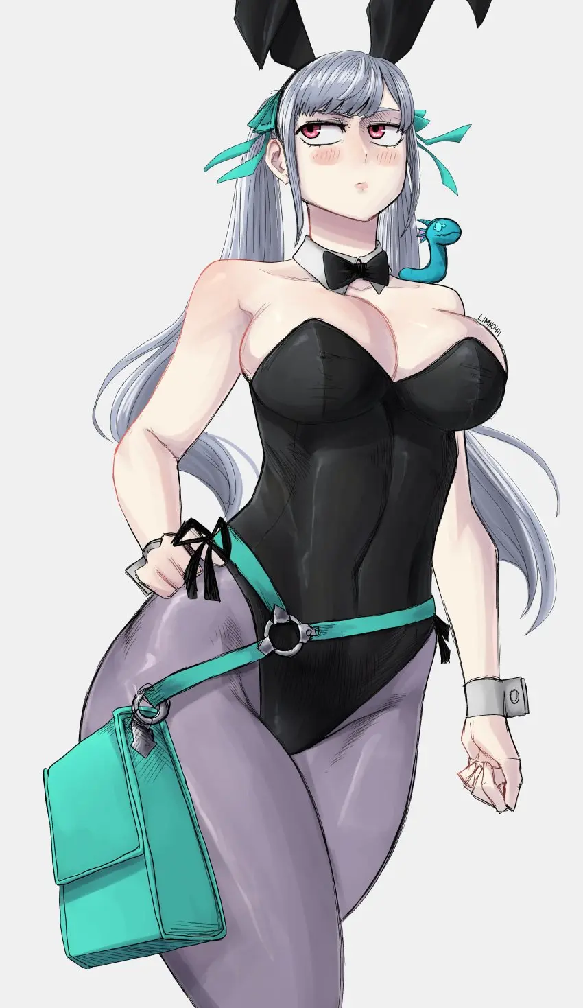 Image 1girls,big_breasts,blush,breasts,female,solo,cleavage,pink_eyes,bunny_ears,bunnysuit,thunder_thighs,black_clover,silver_hair,noelle_silva,limn044
