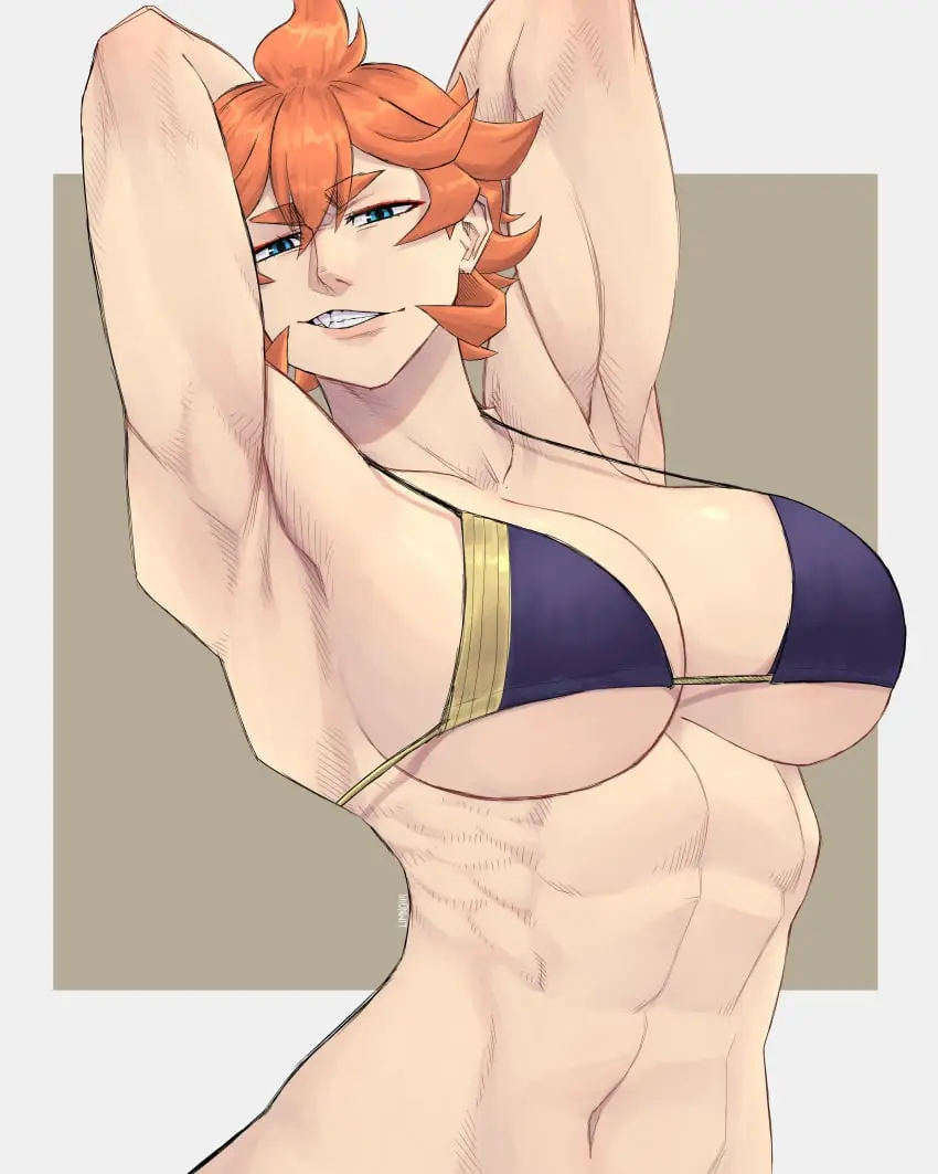 Image 1girls,female,smile,blue_eyes,short_hair,muscular,arms_behind_head,orange_hair,teeth,abs,muscular_female,black_clover,muscles,limn044,mereoleona_vermillion