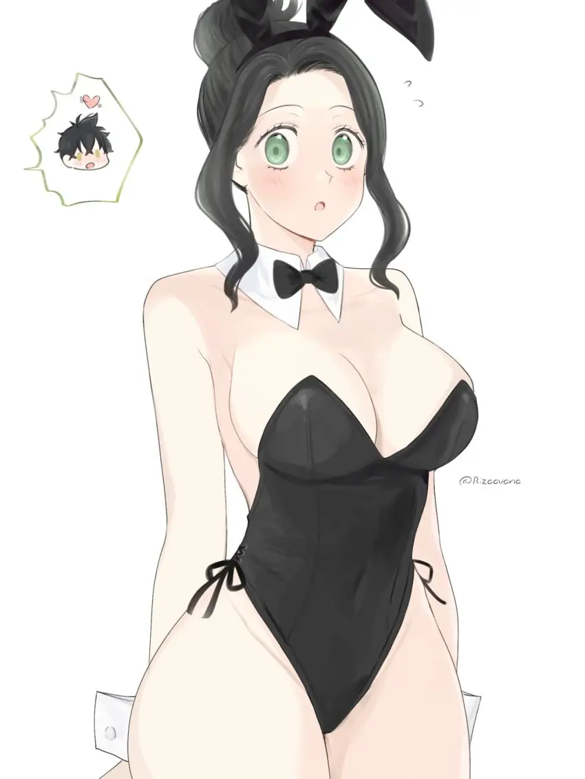 Image 1girls,big_breasts,blush,breasts,female,black_hair,cleavage,green_eyes,bunny_ears,bunnysuit,black_clover,charmy_papittoson,rizaavana,yuno_grinbellior