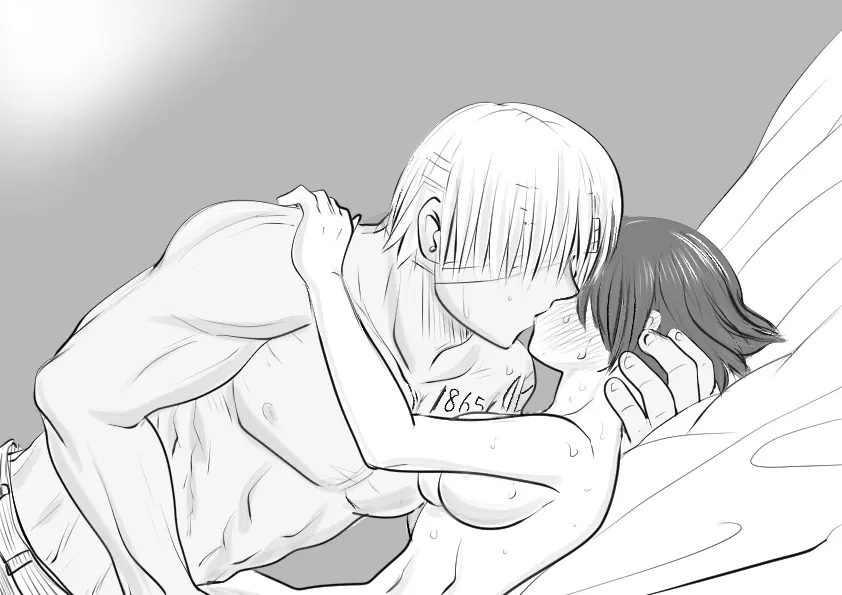 Image 1girls,female,1boy,male,size_difference,couple_(romantic),kissing,striped_body,andy_(undead_unluck),izumo_fuuko,undead_unluck
