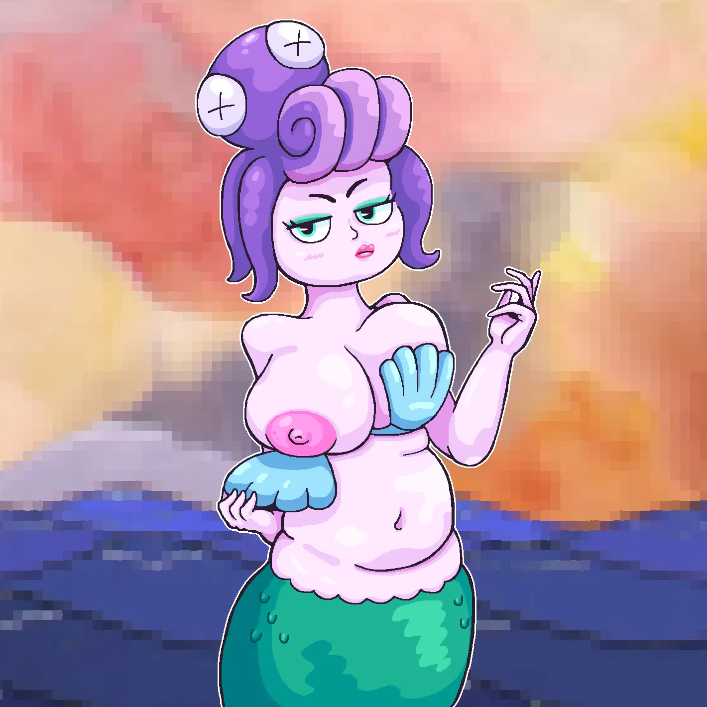 Image big_breasts,breasts,female,female_only,large_breasts,bra,tits,female_focus,wide_hips,hips,belly_button,thick,curvy,large_areolae,slightly_chubby,makeup,annoyed,mermaid,one_breast_out,flashing,flashing_breasts,annoyed_expression,pouty_lips,tummy,cala_maria,cuphead_(game),large_hips,merfolk,tummy_fold