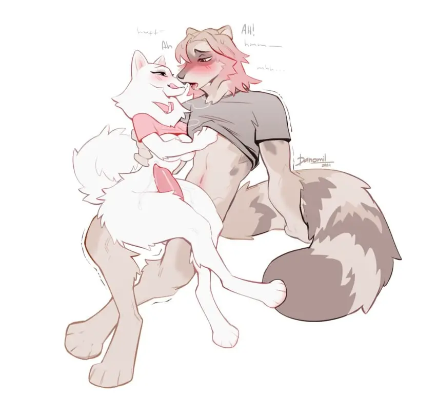 Image blush, breasts, female, hi_res, simple_background, smile, white_background, male, penis, tail, duo, erection, male/female, anthro, tan_body, genital_fluids, bodily_fluids, canid, canine, canis, domestic_dog, fur, genitals, mammal, precum, looking_at_another, eye_contact, interspecies, precum_drip, white_body, raccoon, dripping, fluffy, fluffy_tail, markings, tan_fur, white_fur, sitting_on_lap, procyonid, facial_markings, head_markings, mask_(marking), spitz, nordic_sled_dog, on_lap, samoyed, danomil, vilka