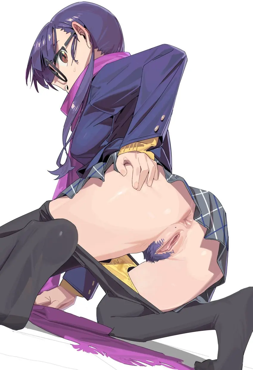 Image 1girls,brown_eyes,female,highres,long_hair,looking_at_viewer,open_mouth,simple_background,solo,white_background,absurdres,pussy,sidelocks,panties,underwear,ass,uncensored,kneeling,teeth,glasses,anus,mole,purple_hair,stray_pubic_hair,sweatdrop,pubic_hair,skindentation,skirt,panties_down,female_pubic_hair,yellow_panties,panty_pull,scarf,fingernails,pantyhose,upper_teeth_only,colored_pubic_hair,black_pantyhose,clothes_pull,spread_ass,black-framed_eyewear,mole_on_pussy,checkered_skirt,stained_panties,sunny_bitch,yurucamp,purple_pubic_hair,hand_on_own_ass,turning_head,kailangxiaob,oogaki_chiaki,pantyhose_down,pantyhose_pull,checkered_clothes,purple_scarf