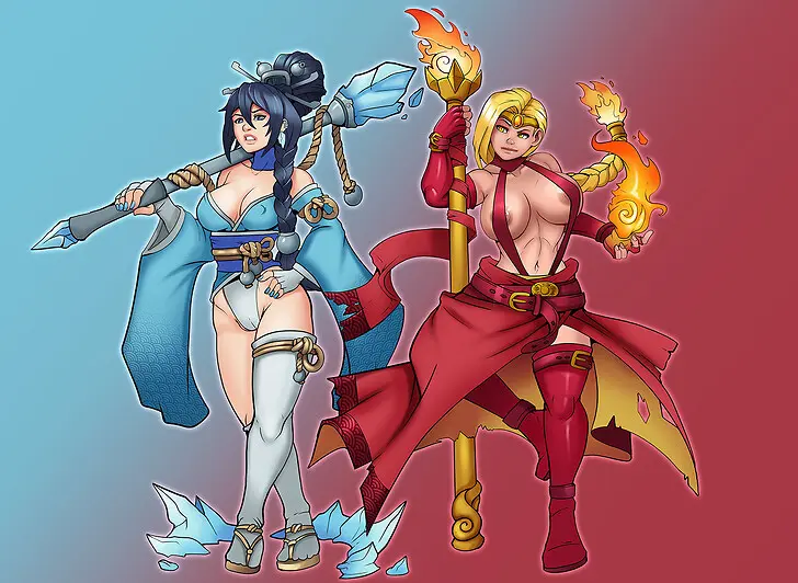 Image female,female_only,2girls,black_hair,multiple_girls,female_focus,blonde_hair,open_toe_shoes,nipple_slip,fire,ice,magical_girl,witch,markydaysaid,mage,sorceress,eros_(markydaysaid),cold_bitch_(markydaysaid),hot_slut_(markydaysaid),magical_staff