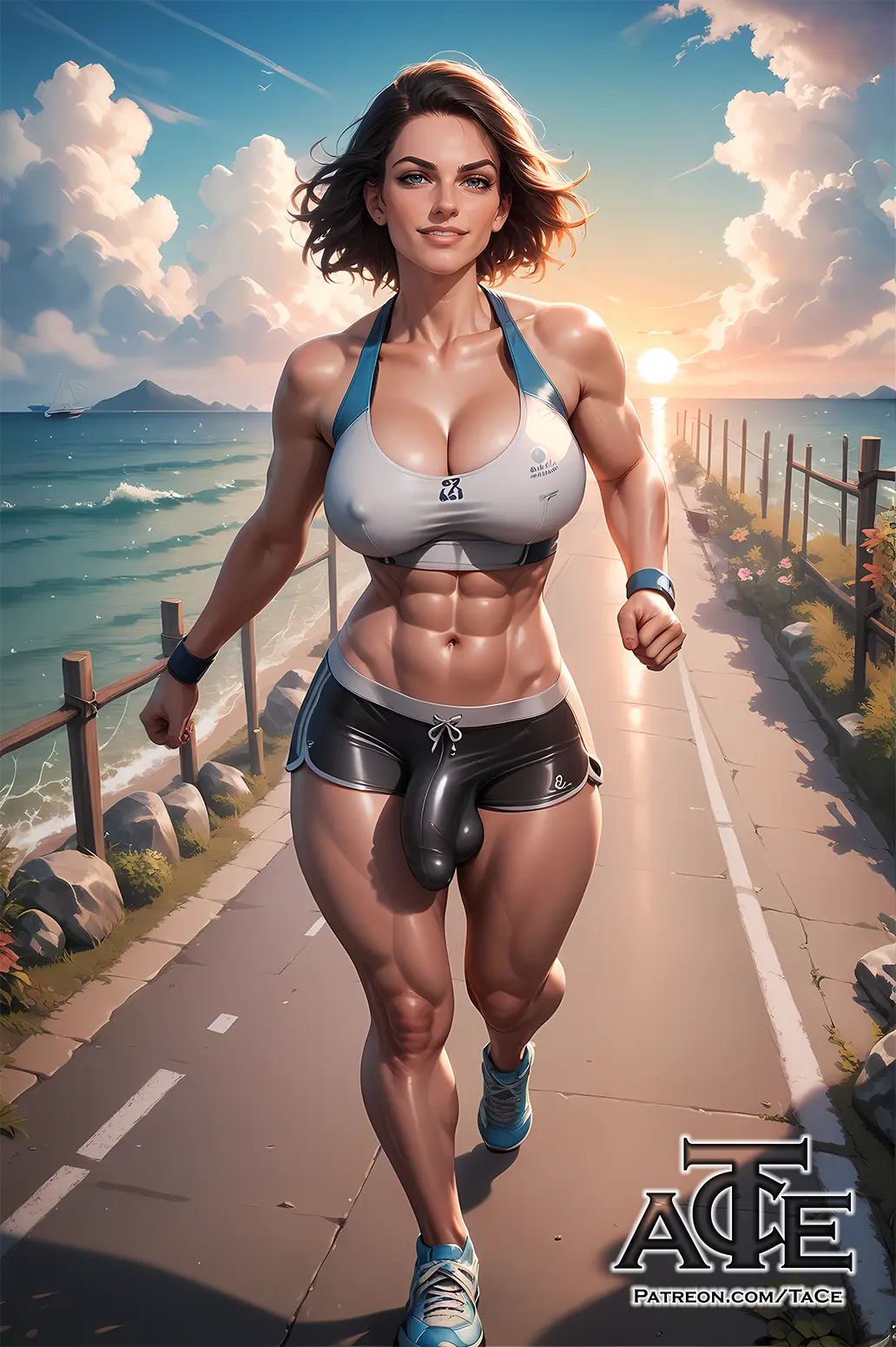 Image big_breasts, breasts, clothed, light_skin, looking_at_viewer, smile, solo, blue_eyes, penis, big_penis, 1futa, erection, futanari, intersex, light-skinned_futa, athletic, muscular, ai_generated, sports_bra, sportswear, bare_midriff, cleavage, collarbone, midriff, balls, huge_cock, huge_breasts, testicles, futa_only, curvy, brown_hair, bulge, big_balls, dickgirl, flaccid, futa_sans_pussy, shorts, erect_penis, small_waist, nipples_visible_through_clothing, abs, erect_nipples, nipple_bulge, running, shoes, athletic_futa, taceee, bare_legs, muscular_futa, sunset, sneakers, penis_under_clothes, exercise, ball_bulge, penis_bulge, jogging, balls_under_clothes, water_background