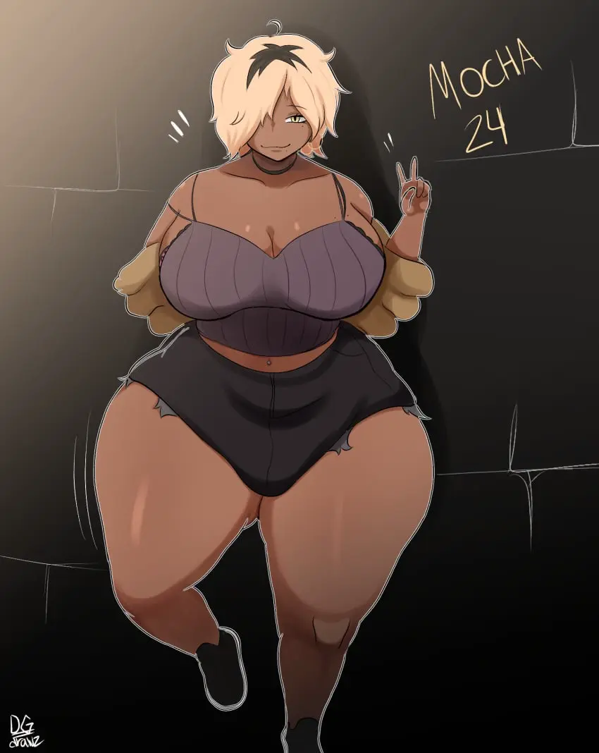 Image 1girls,big_breasts,breasts,female,blonde_hair,smug,bigger_female,shorts,oc,tomboy,beauty_mark,dgdrawz,mocha(dgdrawz)