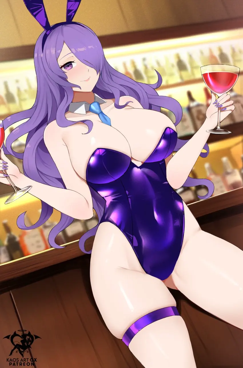 Image 1girls, breasts, female, female_only, highres, large_breasts, long_hair, smile, solo, animal_ears, thighs, hair_over_one_eye, bare_shoulders, hairband, wavy_hair, purple_eyes, bunny_ears, bunny_girl, rabbit_ears, purple_hair, nintendo, skindentation, detached_collar, closed_mouth, alternate_costume, holding, fire_emblem, bunnysuit, playboy_bunny, leotard, necktie, artist_logo, fire_emblem_fates, fake_animal_ears, highleg, highleg_leotard, thigh_strap, purple_nails, blurry, blurry_background, between_breasts, cup, blue_necktie, necktie_between_breasts, alcohol, wine_glass, drinking_glass, holding_cup, camilla_(fire_emblem), bar_(place), kaos_art, purple_hairband, purple_leotard
