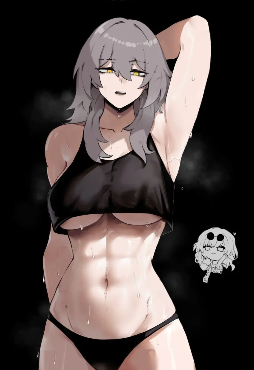 Image 1girls,big_breasts,breasts,female,grey_hair,large_breasts,light-skinned_female,light_skin,sweat,yellow_eyes,armpits,arms_up,belly,belly_button,underboob,pale-skinned_female,busty,pale_skin,fit,fit_female,sweating,sweaty,abs,arm_up,mihoyo,toned,toned_female,hoyoverse,honkai:_star_rail,messy_hair,honkai_(series),stelle_(honkai:_star_rail),tummy,armpit,armpit_crease,masoq095