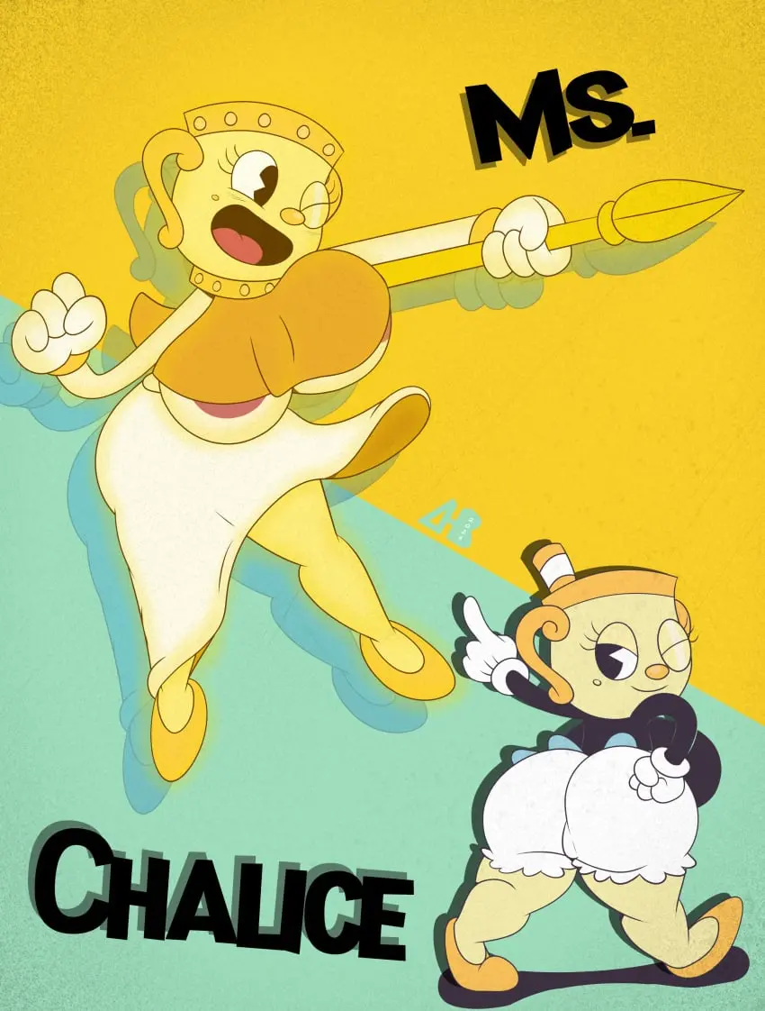 Image big_breasts,breasts,clothed,female,female_only,no_bra,2girls,multiple_girls,big_ass,huge_ass,underboob,huge_breasts,shortstack,teasing,backboob,casual,casual_nudity,pussy_visible_through_clothes,cuphead_(game),legendary_chalice,ms._chalice,hiroberserk