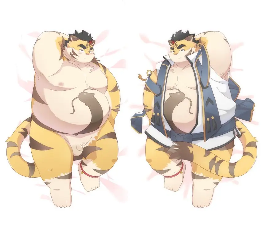 Image hi_res, nipples, solo, male, penis, lying, male_only, belly, big_belly, balls, anthro, small_penis, genitals, mammal, 2024, felid, dakimakura, overweight, pantherine, tiger, moobs, overweight_male, kemono, micropenis, dakimakura_design, ginsingoo1, tamacolle, hitachi_(tamacolle)