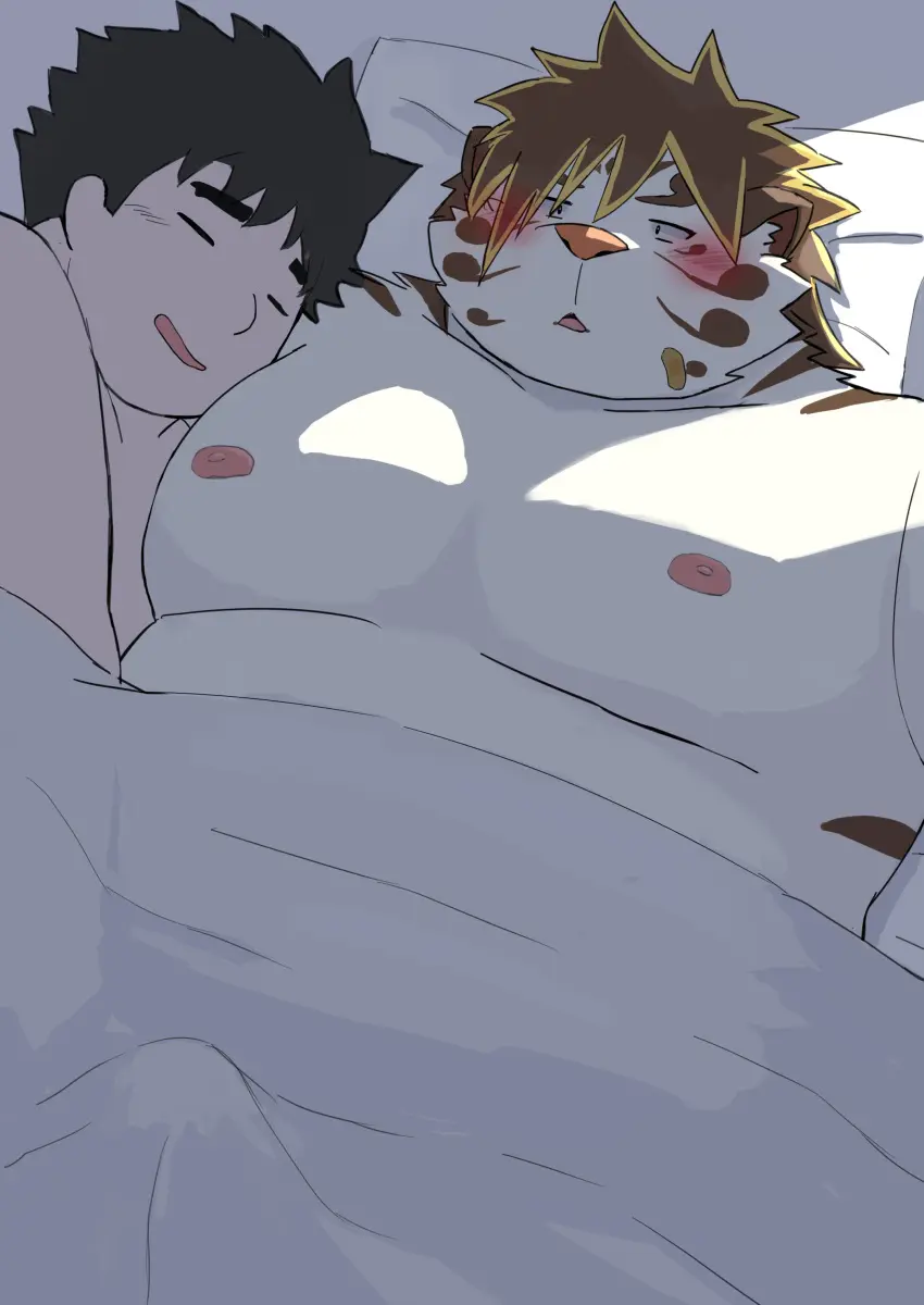 Image blush,hi_res,human,nipples,male,duo,male/male,belly,anthro,absurd_res,closed_eyes,mammal,interspecies,2024,human_on_anthro,felid,overweight,sleeping,pantherine,tiger,lifewonders,moobs,overweight_male,tokyo_afterschool_summoners,kemono,licho_(tas),9dtq0,chubby_protagonist_(tas),erection_under_blanket,protagonist_(tas)