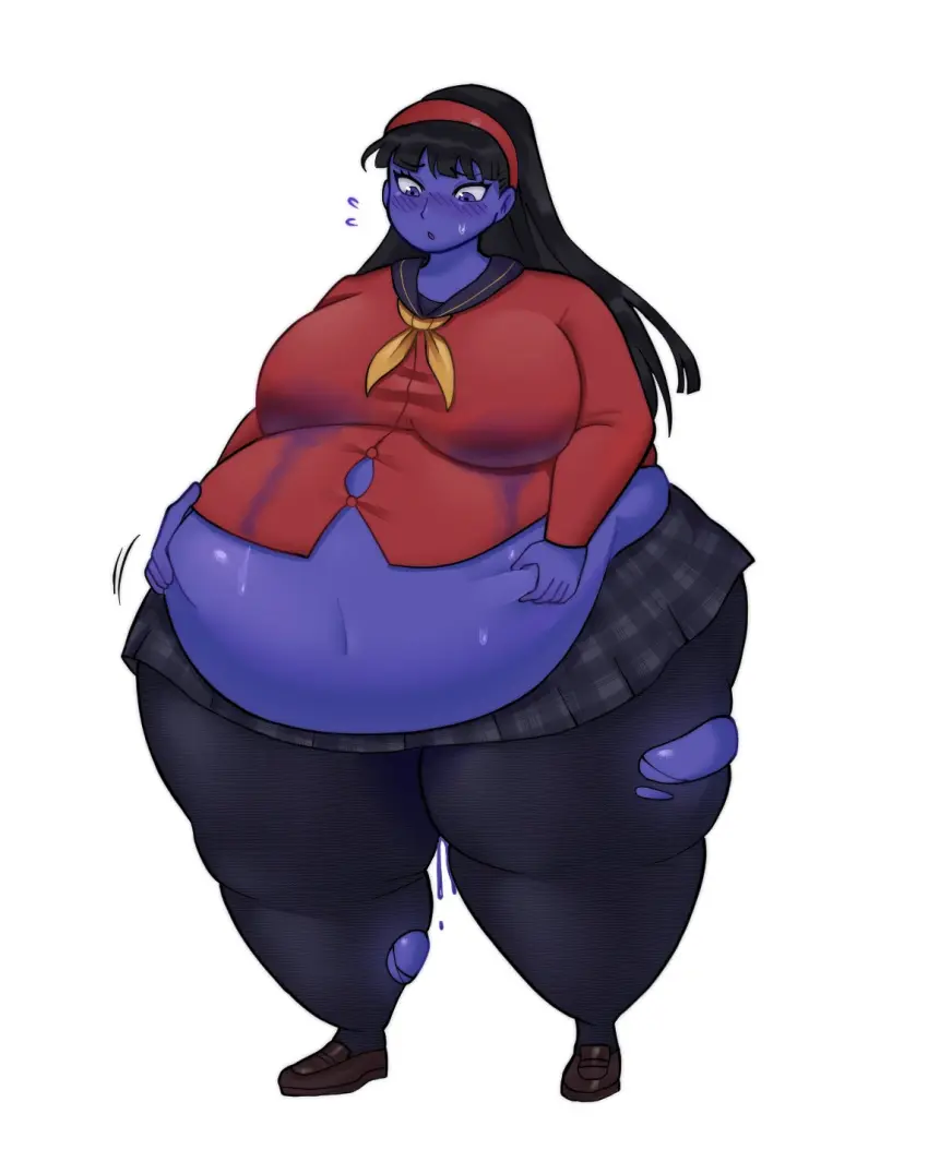 Image 1girls,big_breasts,breasts,female,long_hair,long_sleeves,black_hair,blue_eyes,navel,big_ass,big_belly,headband,lactation,blueberry_inflation,inflation,big_thighs,expansion,leaking,atlus,persona,persona_4,lactation_through_clothes,ass_expansion,breast_expansion,blue_skin,grabbing_belly,leggings,red_headband,ripped_clothing,hand_on_belly,button_down_shirt,red_shirt,amagi_yukiko,button_gap,belly_expansion,black_leggings,buttons,ripped_leggings,grabbing_own_belly,sile2011