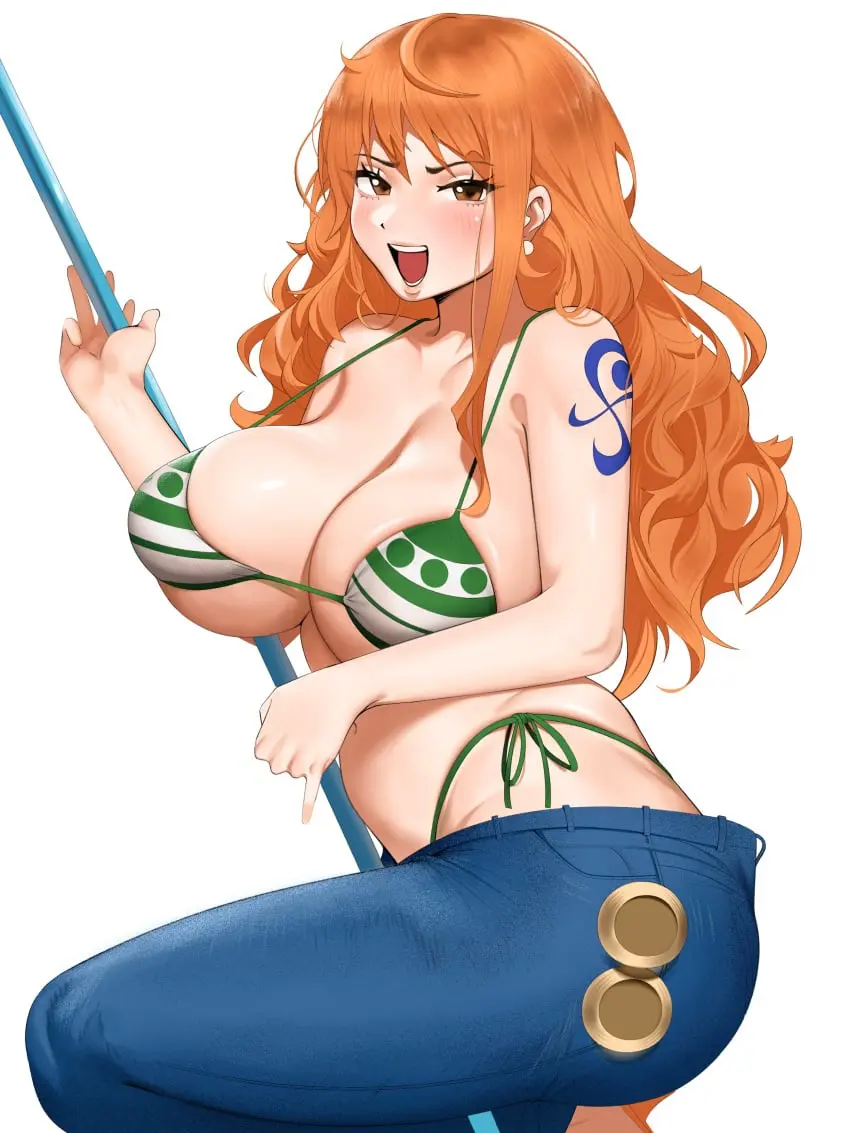Image 1girls,breasts,female,female_only,hi_res,light-skinned_female,light_skin,long_hair,bikini,thick_thighs,thighs,one_piece,wide_hips,hips,nami_(one_piece),orange_hair,post-timeskip,huge_breasts,jeans,naughty_face,striped_bikini,kevbot