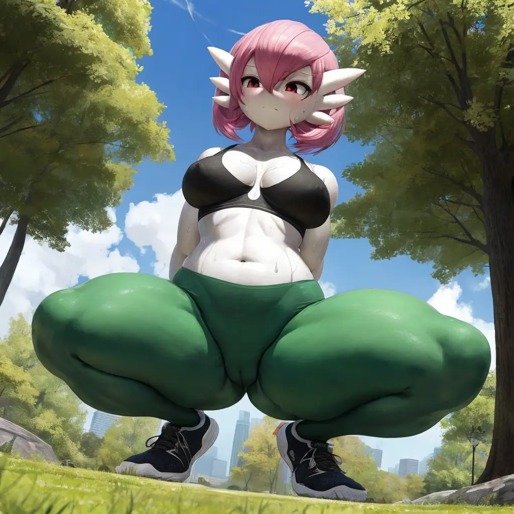 Image big_breasts,breasts,female,pokemon,pokemon_(species),ai_generated,pink_hair,pink_eyes,nintendo,thick_legs,detailed_background,leggings,gardevoir