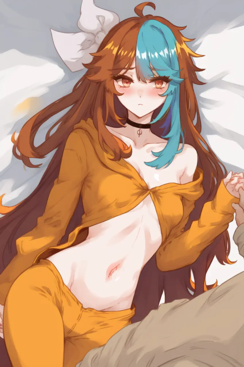 Image breasts,female,long_hair,nude,yellow_eyes,multicolored_hair,wide_hips,virtual_youtuber,ai_generated,huge_breasts,vtuber,on_bed,vtuberfanart,latam_virtual_youtuber,ricochetk,oneeshi,sky_blue_hair,keiramevt