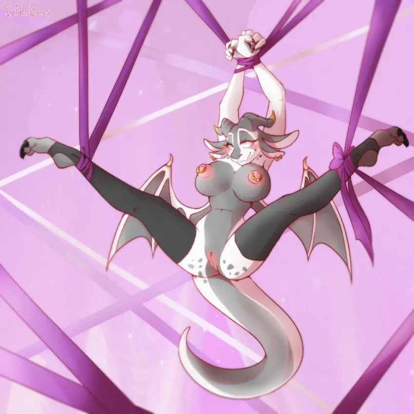 Image blush,breasts,clothing,female,hi_res,nipples,solo,black_legwear,pussy,tail,areola,pink_nipples,artist_name,digital_media_(artwork),eyelashes,shaded,wings,anthro,piercing,anus,spread_legs,spreading,mythology,purple_eyes,genitals,grey_body,claws,toe_claws,horn,ear_piercing,bondage,legwear,thigh_highs,2024,biped,pink_areola,white_body,scales,scalie,white_scales,nipple_piercing,anthro_only,mythological_creature,dragon,mythological_scalie,1:1,spikes,ribbons,bound,legwear_only,mostly_nude,black_clothing,nipple_ring,spikes_(anatomy),countershade_torso,countershading,ring_piercing,finger_claws,hands_tied,membrane_(anatomy),membranous_wings,countershade_tail,countershade_scales,grey_scales,black_thigh_highs,ribbon_bondage,wing_spikes,spider_bones