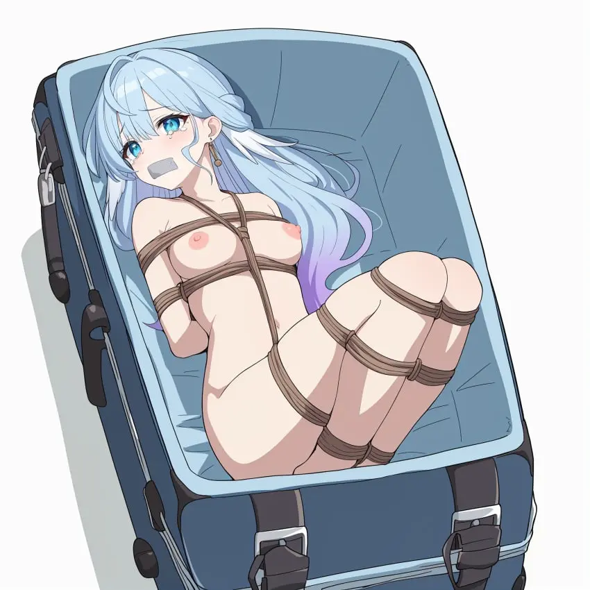 Image 1girls, breasts, female, looking_at_viewer, blue_eyes, blue_hair, nude, small_breasts, petite, tearing_up, light_blue_hair, petite_body, lipstick, bondage, gag, gagged, bound_ankles, honkai:_star_rail, arms_tied_behind_back, bound_legs, tape_gag, robin_(honkai:_star_rail), in_suitcase