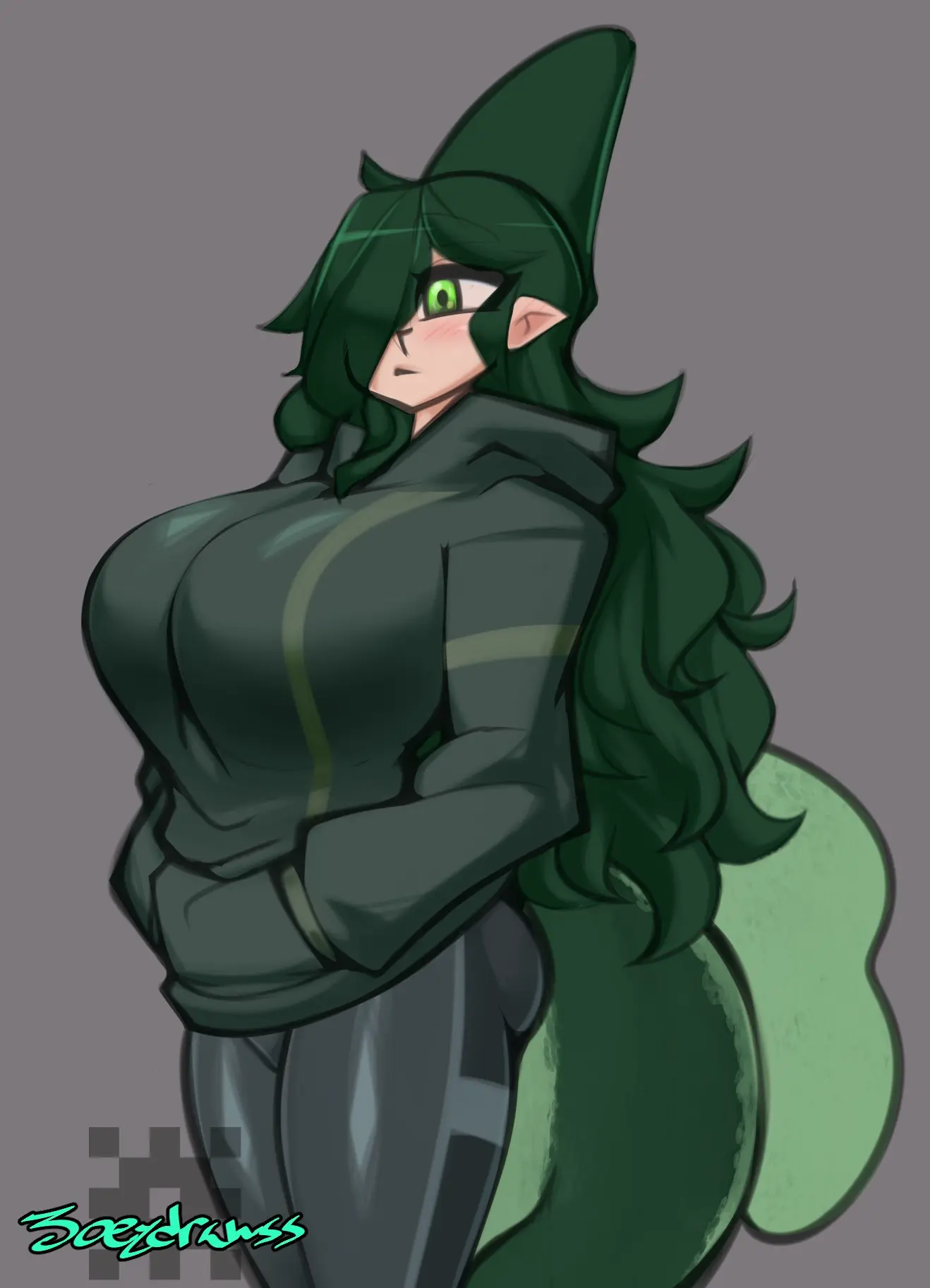 Image 1girls,big_breasts,breasts,female,female_only,hands_in_pockets,hi_res,long_hair,solo,tail,hair_over_one_eye,green_eyes,pointy_ears,green_hair,artist_signature,2024,fin,hoodie,shark_girl,joeydrawss,tammie_(joeydrawss)