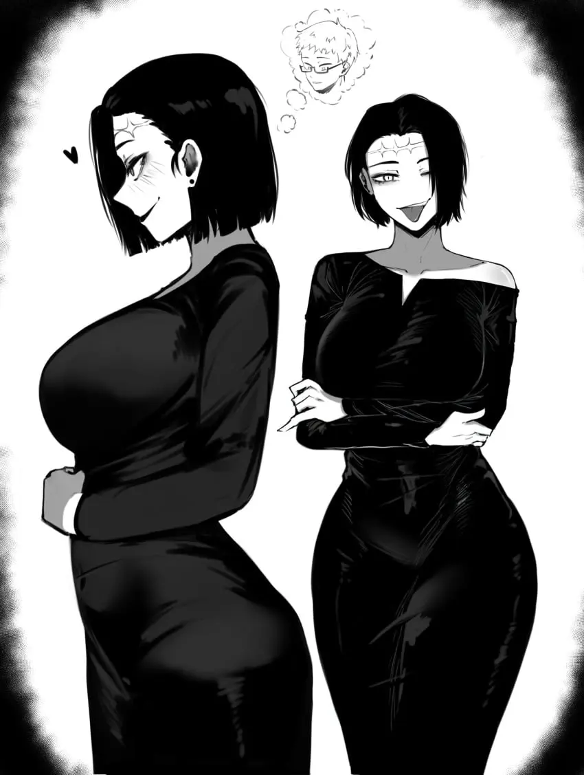 Image female, black_hair, short_hair, tongue_out, tongue, seductive, seductive_eyes, seductive_look, seductive_smile, milf, smiling, smiling_at_viewer, dress, curvy, curvy_body, curvy_female, curvy_figure, curvy_hips, mature_female, black_and_white, monochrome, scar, naughty_face, jujutsu_kaisen, bob_cut, naughty_smile, itadori_kaori, kenjaku, masoq095, scar_on_forehead, itadori_jin
