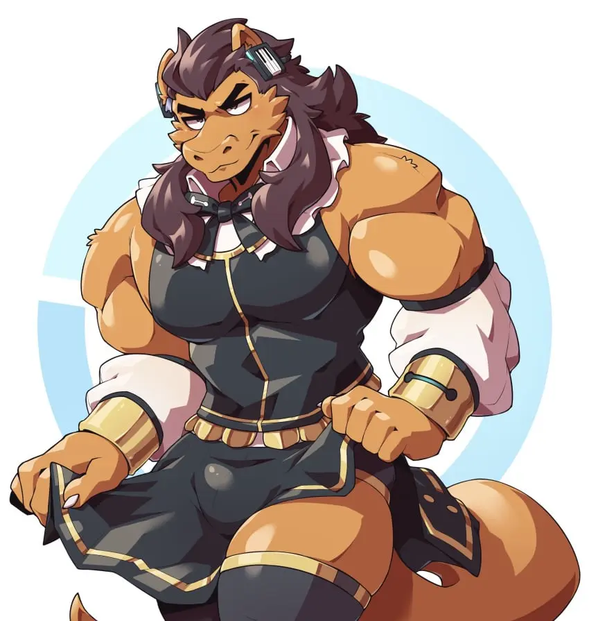 Image clothed,clothing,hi_res,simple_background,solo,1boy,male,tail,furry,humanoid,muscular,muscular_male,crossdressing,male_only,yaoi,hair,anthro,mythology,absurd_res,brown_hair,bara,bulge,maid_uniform,fur,muscular_anthro,pecs,remember_the_flowers,orange_body,legwear,scalie,vocaloid,annoyed,mythological_creature,dragon,mythological_scalie,uniform,cosplay,myiko,ring_(remember_the_flowers),ring_suzune,vocaloid_3